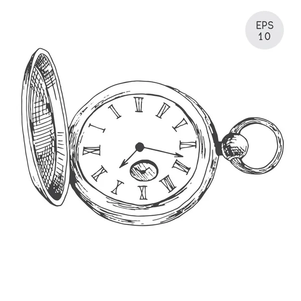 Pocket watch i retrostil isolerad på vit bakgrund. Vektorillustration i skiss stil. — Stock vektor