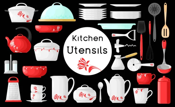 Set de utensilios de cocina aislados sobre fondo negro. Ilustración vectorial. Utensilios de cocina . — Archivo Imágenes Vectoriales