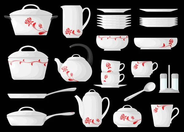 Set de utensilios de cocina aislados sobre fondo negro. Ilustración vectorial. Utensilios de cocina . — Archivo Imágenes Vectoriales