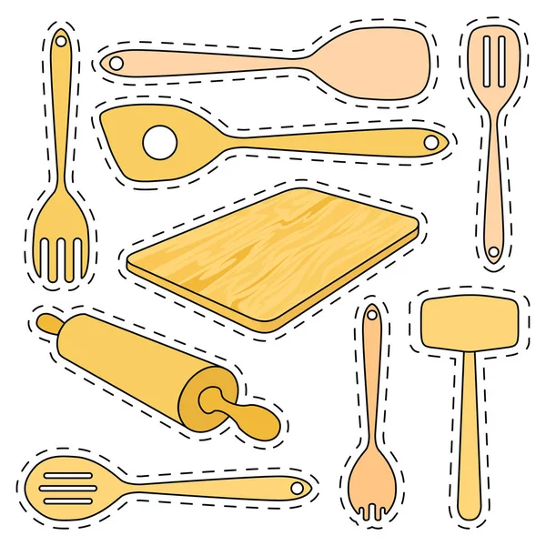 Set Pegatinas Utensilios Cocina Madera Ilustración Vectorial Aislada Sobre Fondo — Vector de stock