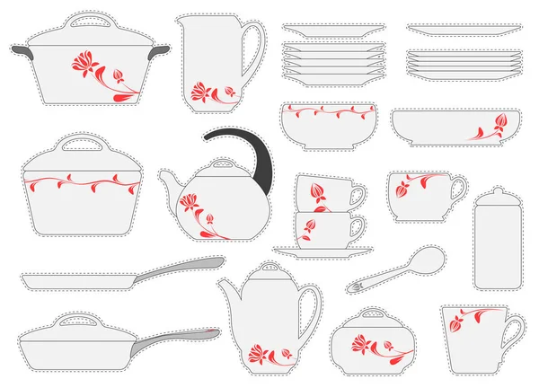 Набір наклейок посуду ізольовано на білому тлі. Векторні ілюстрації. Кухонне начиння . — стоковий вектор