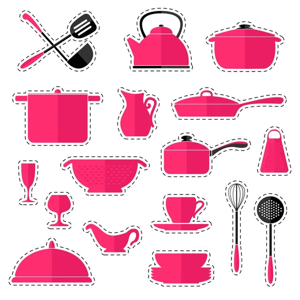 Set Pegatinas Utensilios Cocina Aislados Sobre Fondo Blanco Utensilios Cocina — Archivo Imágenes Vectoriales