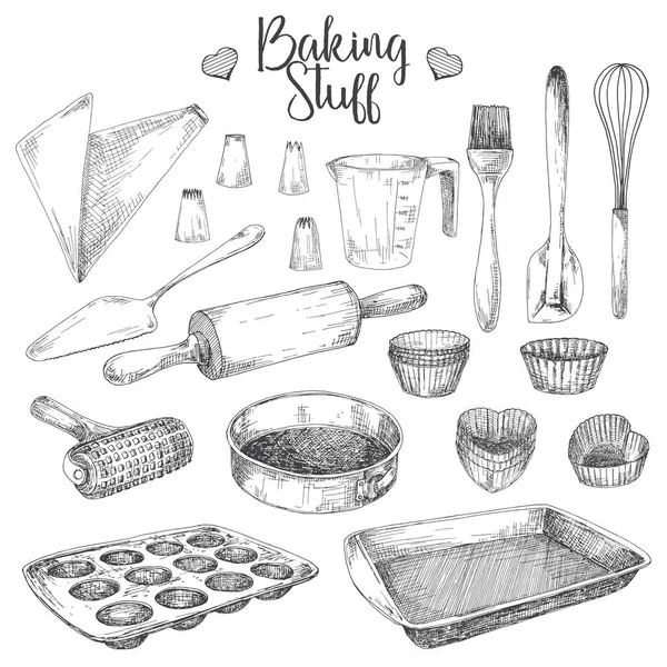 Set de platos para hornear. Baking stuff Ilustración vectorial en estilo sketch . — Vector de stock