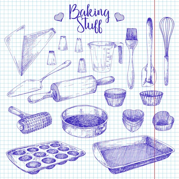 Aantal gerechten voor het bakken. Bakken spul vectorillustratie in schets stijl. — Stockvector