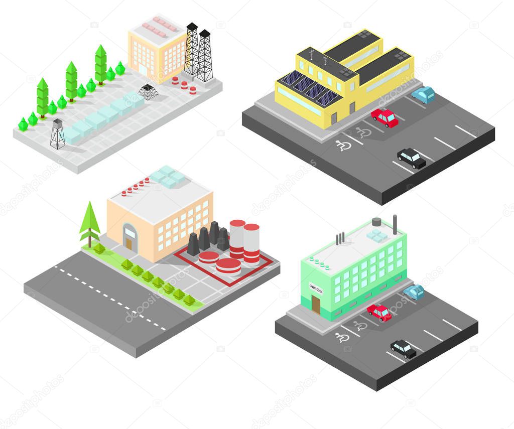 Set of different isometric buildings. Isometric building with solar panel. Road, green bushes in front of house. Vector illustration isometric style.