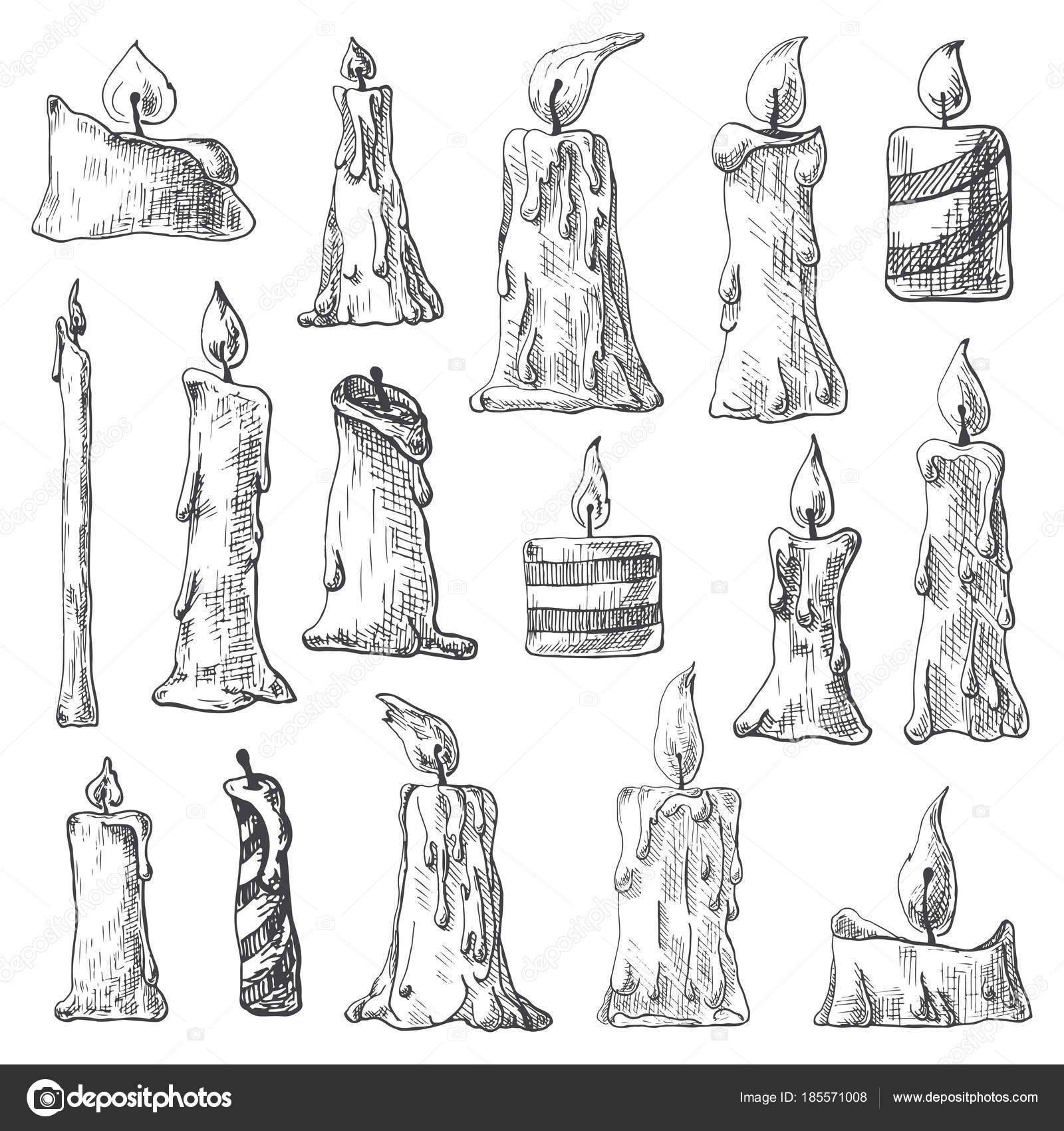 Hand drawn set of burning candles. Vector illustration of a sketch