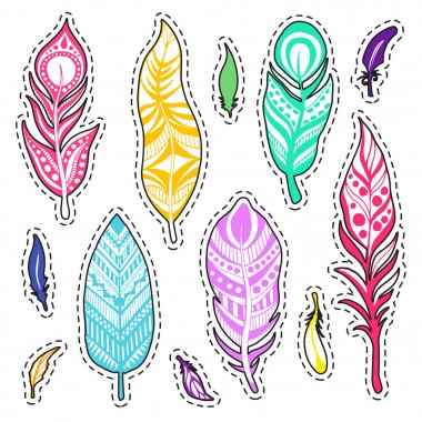 Çıkartmalar etnik tüyler kümesi. Elle çizilmiş tüyler. Vektör çizim.