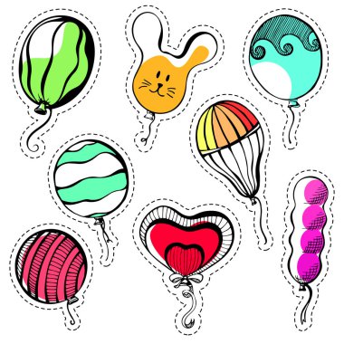 Çıkartmaları kümesi. Farklı şekil ve renk topları. Elle çizilmiş, beyaz bir arka plan üzerinde izole. Vektör çizim.