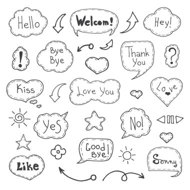 Ve sürekli konuşma balonları. Elle çizilmiş doodle tarzı çizgi roman balon, bulut ve kalp sanatsal topluluğu. Vektör çizim kroki tarzı.
