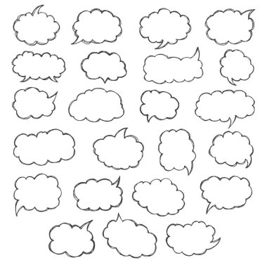 Ve sürekli konuşma balonları. Elle çizilmiş doodle tarzı çizgi roman balon, bulut ve kalp sanatsal topluluğu. Vektör çizim kroki tarzı.