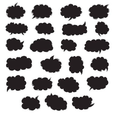 Ve sürekli konuşma balonları. Elle çizilmiş doodle tarzı çizgi roman balon, bulut ve kalp sanatsal topluluğu. Vektör çizim kroki tarzı.