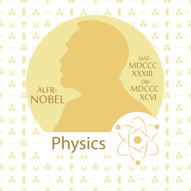 Stilize Nobel madalya. Nobel silüeti düz bir tarzda. Bir fizik tema öğelerinde ile Seamless modeli. Vektör çizim