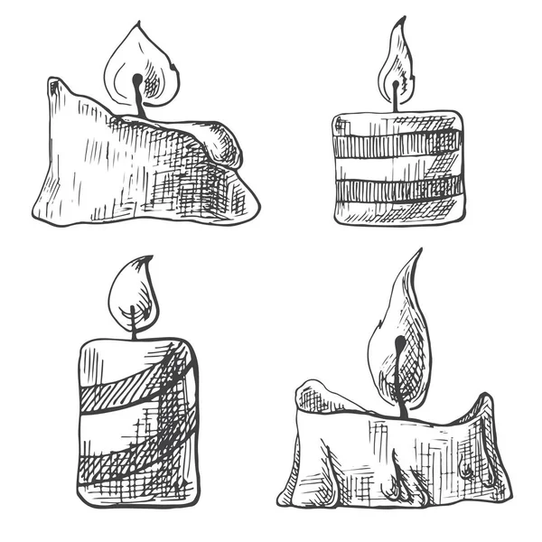 Ensemble Dessiné Main Bougies Allumées Illustration Vectorielle Style Croquis — Image vectorielle