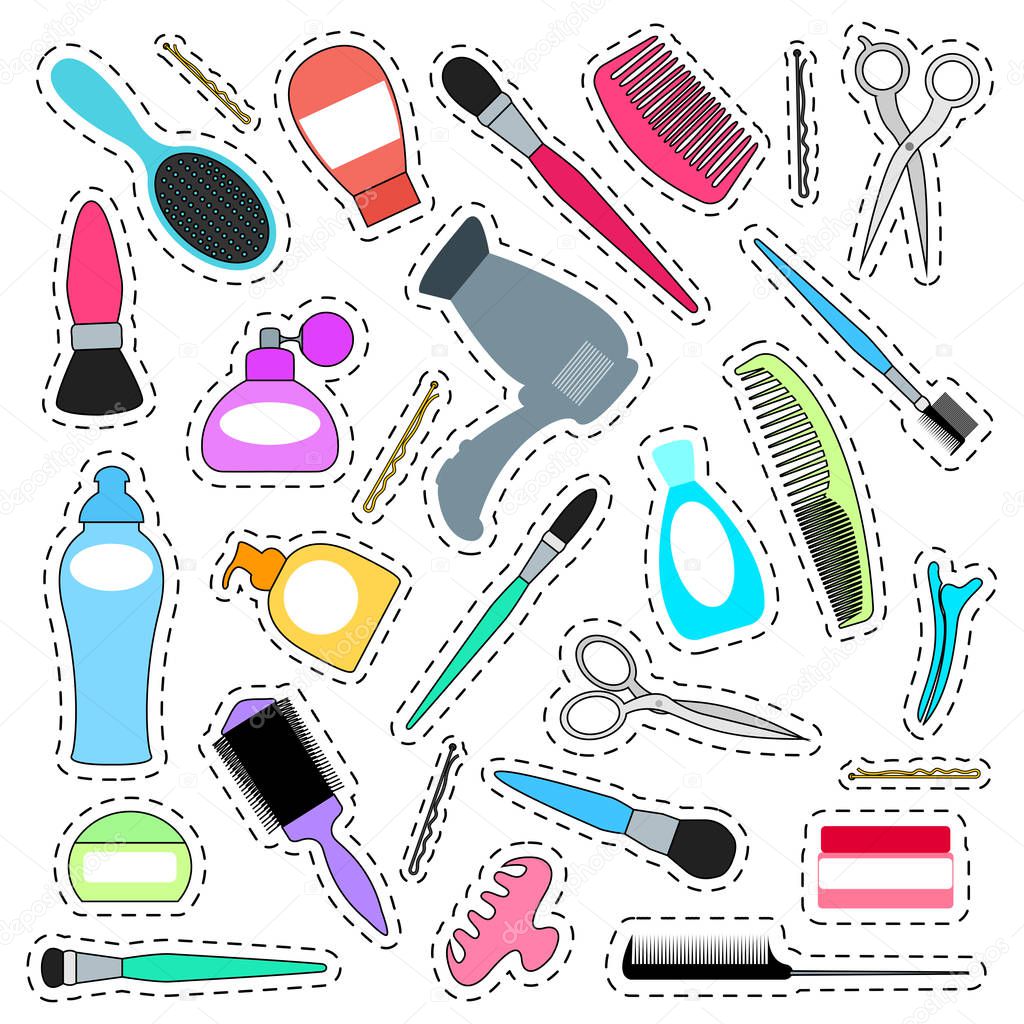 Set of stickers for the beauty salon. Icons for haircuts and styling. Vector illustration.