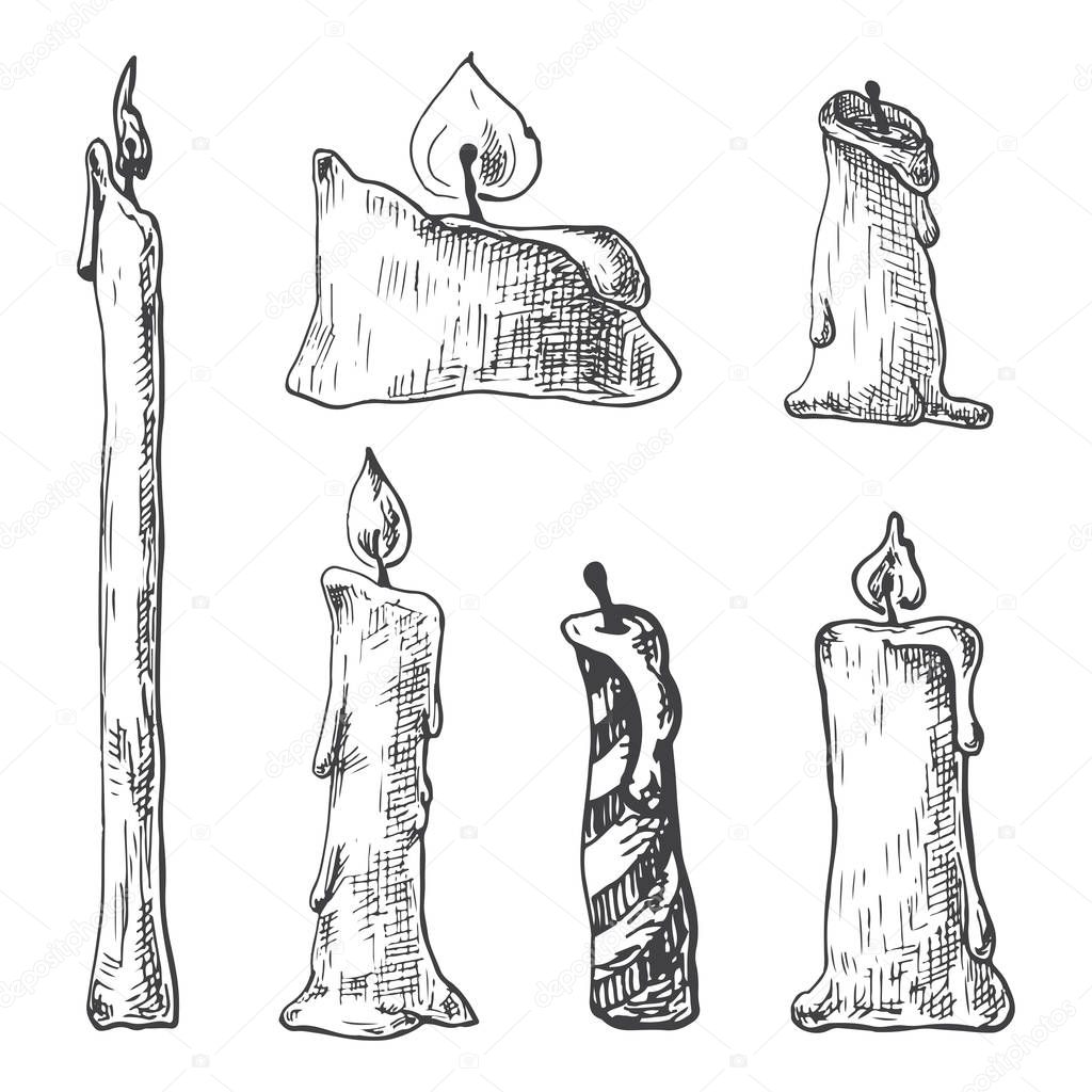 Hand drawn set of burning candles. Vector illustration of a sketch style.