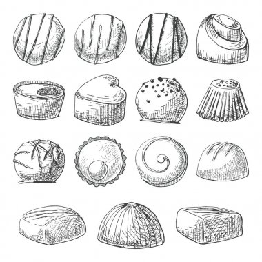 Çikolatalı tatlılar farklı şekil ve büyüklükte. El çikolata bir dizi çekilmiş. Bir kroki stil vektör çizim.