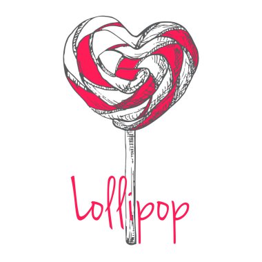 El beyaz arka plan üzerinde izole kalp şeklinde çizilmiş lolipop. Bir kroki stil vektör çizim.