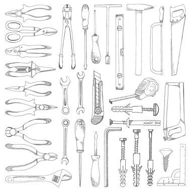 Araçlar, donanım kümesi. Farklı fastener beyaz arka plan üzerinde izole. Bir kroki tarzı çizilmiş vektör çizim el.