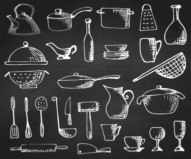 Elle çizilmiş tencere tahtada kümesi. Vektör çizim