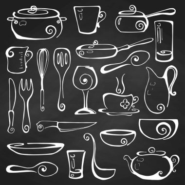 Elle çizilmiş tencere tahtada kümesi. Vektör çizim.