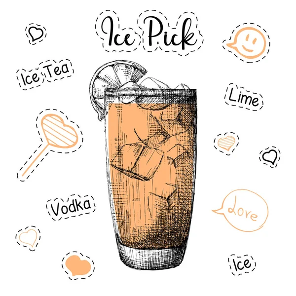 Receta simple para un cóctel de alcohol Ice Pick. Ilustración vectorial de un estilo de boceto . — Archivo Imágenes Vectoriales