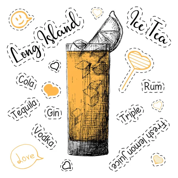 Ricetta semplice per un cocktail alcolico Long Island Ice Tea. Illustrazione vettoriale di uno stile di schizzo . — Vettoriale Stock
