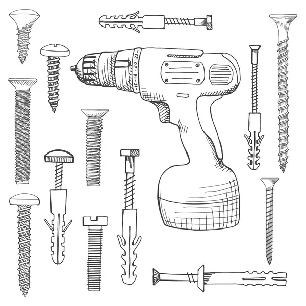 无绳钻和不同的螺丝。矢量草图样式中的工具插图. — 图库矢量图片