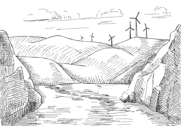 Hand getekend windmolens tegen de achtergrond van bergen en water — Stockvector