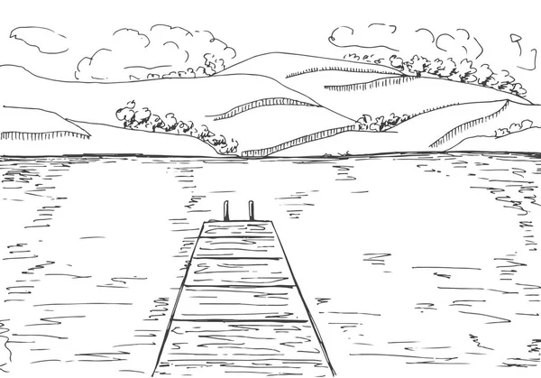 Río con muelle de madera. Montañas al otro lado del lago. Ilustración vectorial de un estilo de boceto — Vector de stock