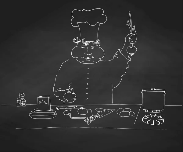 Kucharz jest przy stole. Szkic kucharzy ręcznie rysowane kredą na tablicy szkolnej — Wektor stockowy
