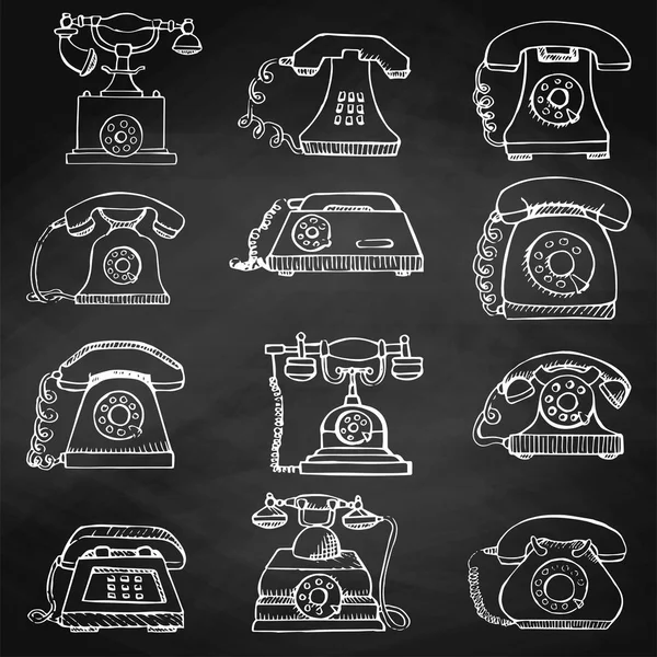 在黑板上隔离的设置复古电话的草图 矢量插图 — 图库矢量图片