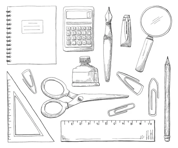 Material de oficina dibujado a mano aislado sobre fondo blanco. Ilustración vectorial de un estilo de boceto — Vector de stock
