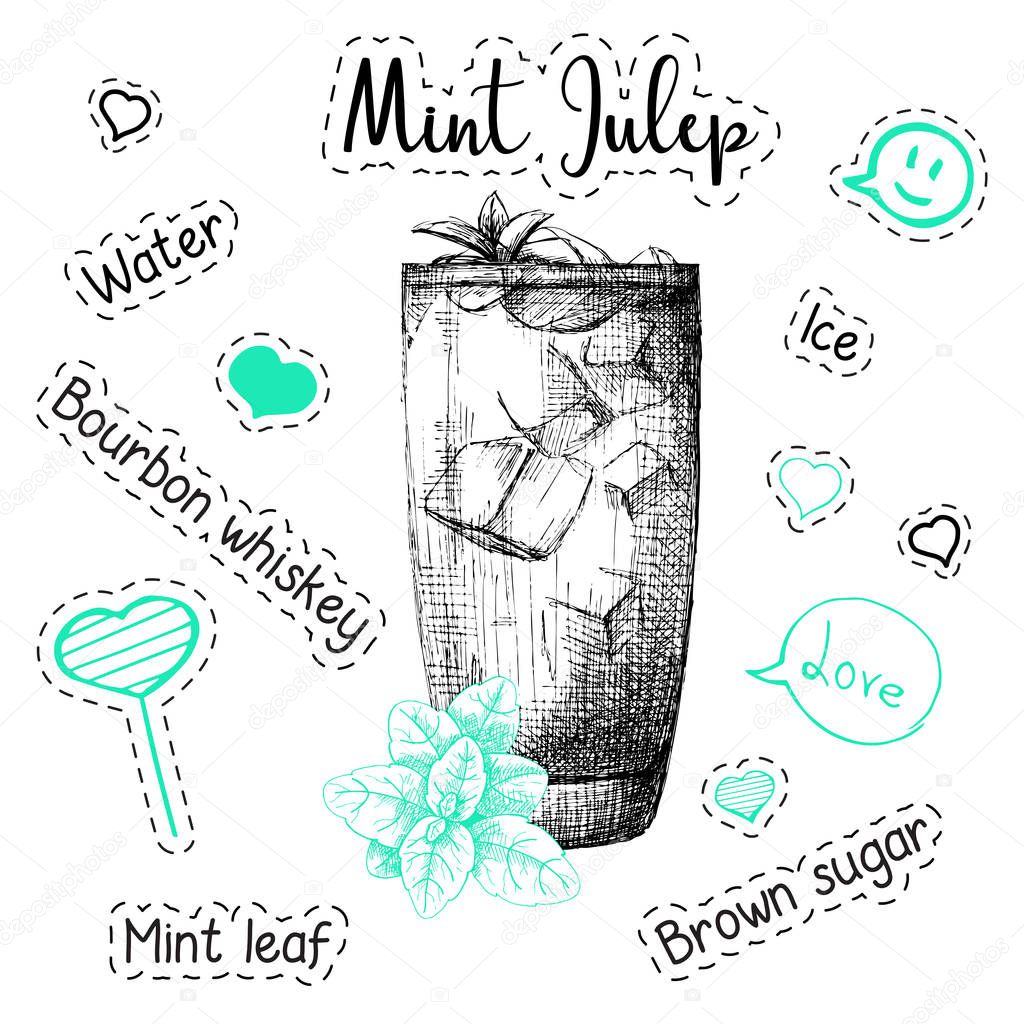 Simple recipe for an alcoholic cocktail Mint Julep. Vector illustration of a sketch style.