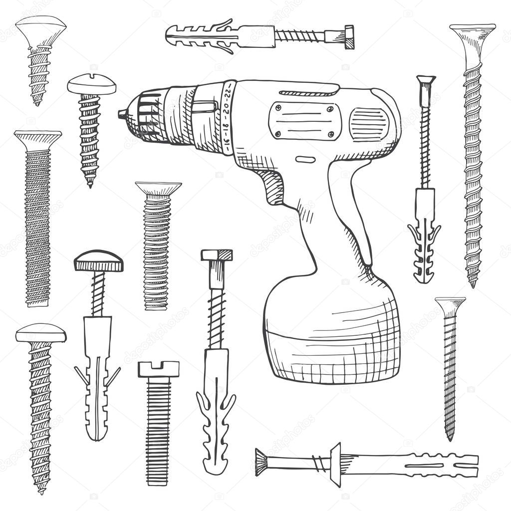 Cordless Drill and different screws. Tools illustration in vector sketch style.