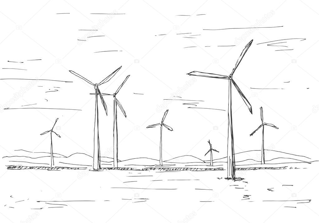 Hand drawn windmills on the background of mountains. Vector illustration of a sketch style