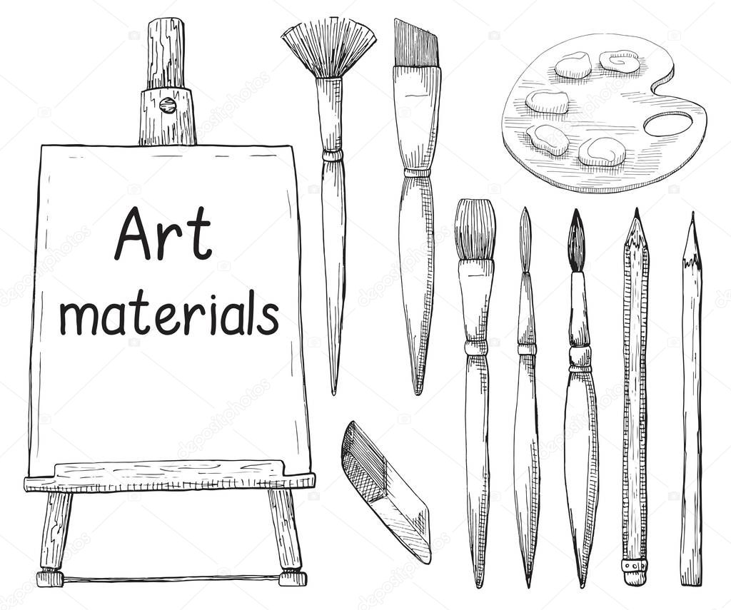 Hand drawn art material isolated on white background. The inscription on the canvas Atr materials. Vector illustration of a sketch style