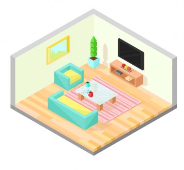 Oturma odası izometrik tasarımı ile tablo, Tv, koltuk, kanepe, bitki, boyama ve halı. Vektör çizim.