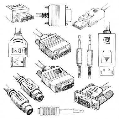 Medya kümesi kablolar: HDMI, Vga, DVI, Displayport, S-Video, radyo sinyalleriyle iletilen kriko kroki tarzı. Vektör çizim