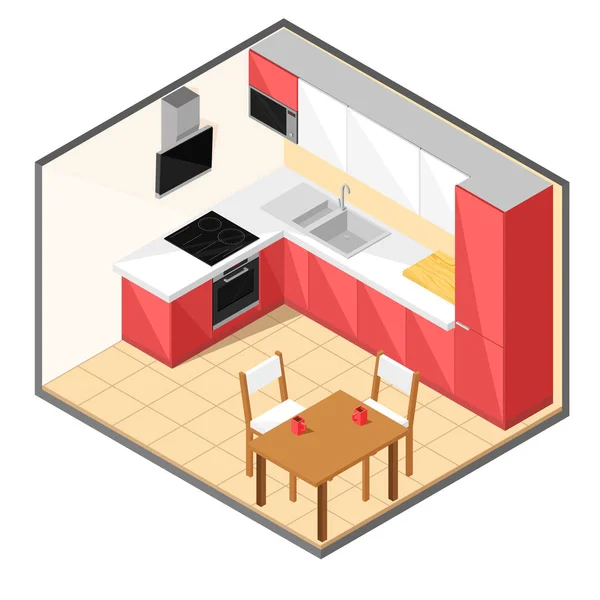 Red kitchen in isometric style. Vector illustration. — Stock Vector