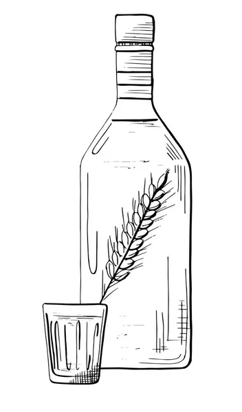 Botella de vodka. Boceto de cristal con vodka. Ilustración vectorial . — Vector de stock