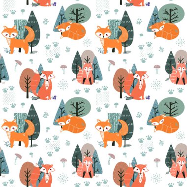 Tilkiler ve farklı elementlerle kusursuz desen. İskandinav tarzında çizilmiş bir el resmi