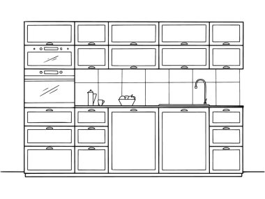 El çizimi mutfak mobilyası. Çizim tarzında resimleme.