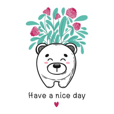 Hayvanın ağızlık taktığı bir saksının içindeki ev bitkisi. Tencerede şirin ayı suratı var. Vektör