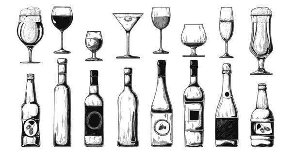 Diferentes botellas con alcohol y diferentes vasos. Ilustración vectorial — Archivo Imágenes Vectoriales