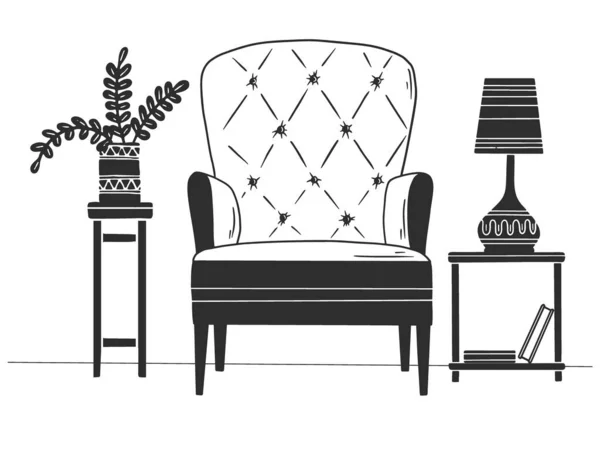 Chaise, table avec lampe. Illustration vectorielle dessinée main — Image vectorielle