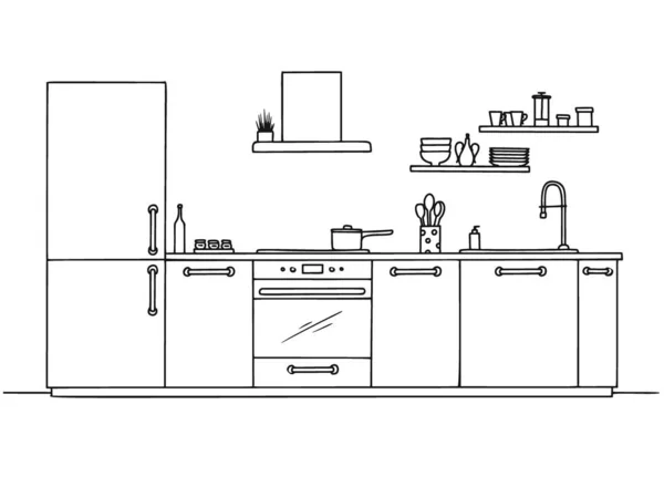 Ručně kreslený kuchyňský nábytek. Ilustrace ve stylu náčrtku. — Stockový vektor