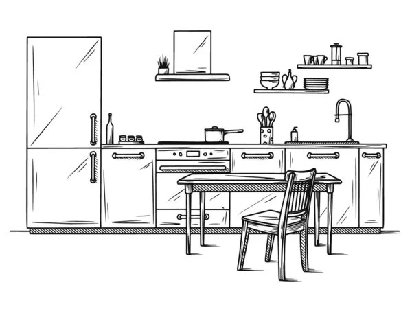 Handgezeichnete Küchenmöbel. Vektorillustration im Skizzenstil — Stockvektor