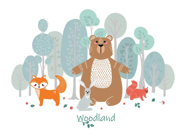 Roztomilá zvířata na pozadí lesa, stromy, rostliny. Medvěd, Fox, Veverka, Zajíc. Lesní zvířata. — Stockový vektor