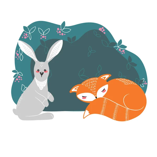 귀여운 여우, 토끼, 토끼등 식물을 배경으로 하고 있습니다. 스칸디나비아식으로 손으로 그린 삽화 — 스톡 벡터
