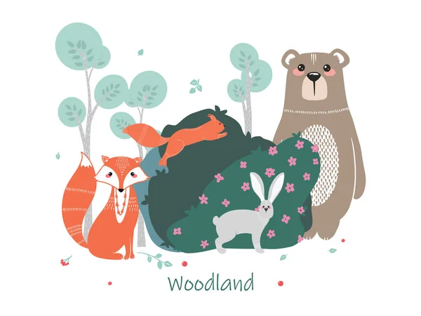 Söta djur på bakgrunden av skogen, träd, växter. Björn, räv, ekorre, hare. Skogsdjur. — Stock vektor